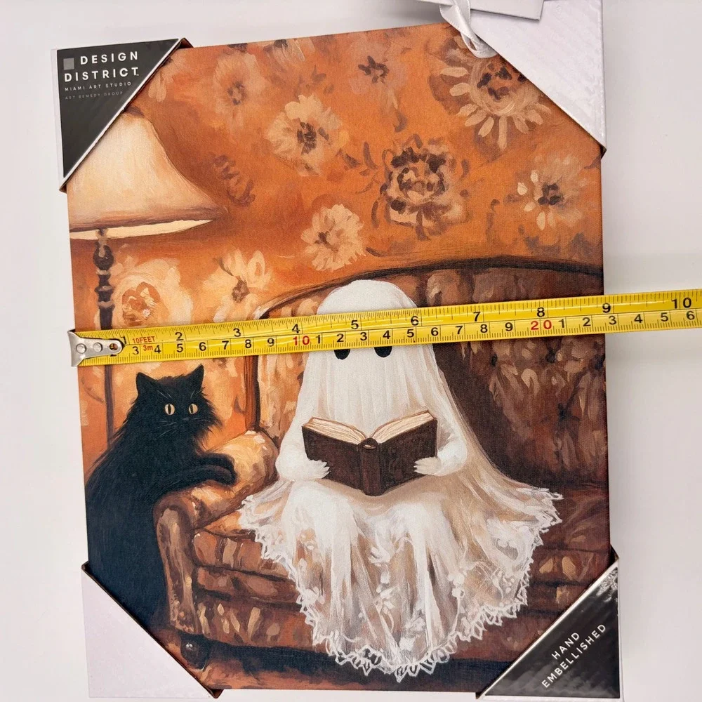 Design District Ghost Reading Book with Black Cat Canvas Art Hand Embellished